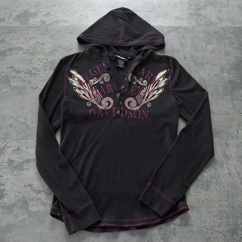 Y2K Harley Davidson Wing Spell Out Logo Henley Rhinestone Hoodie Women's M